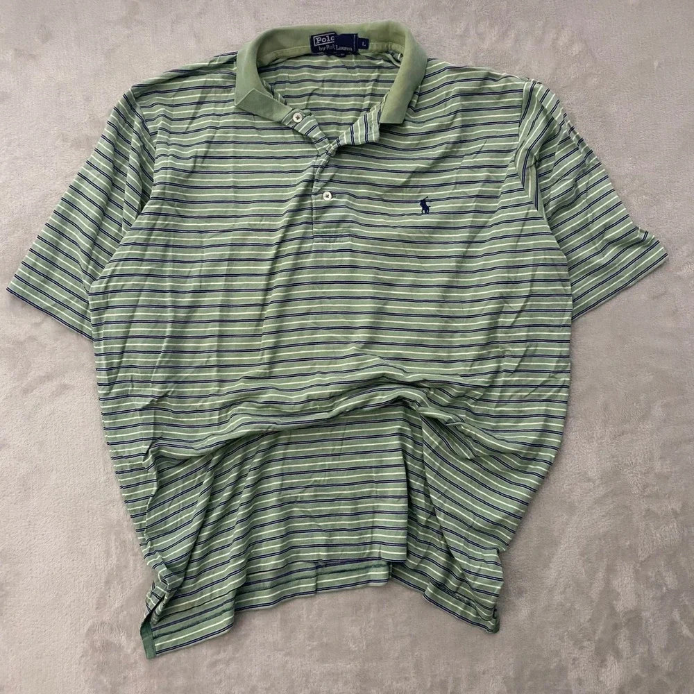 Polo Ralph Lauren Mens Large Green Striped Short Sleeve Cotton Polo Shirt